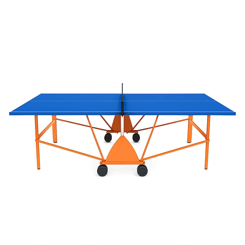 Table de ping pong en acier pliable cadre orange surface bleue avec roues-LUXENOOKZ