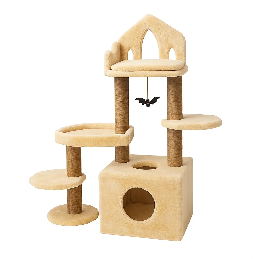 Arbre à chat en bois et tissu peluche beige-LUXENOOKZ