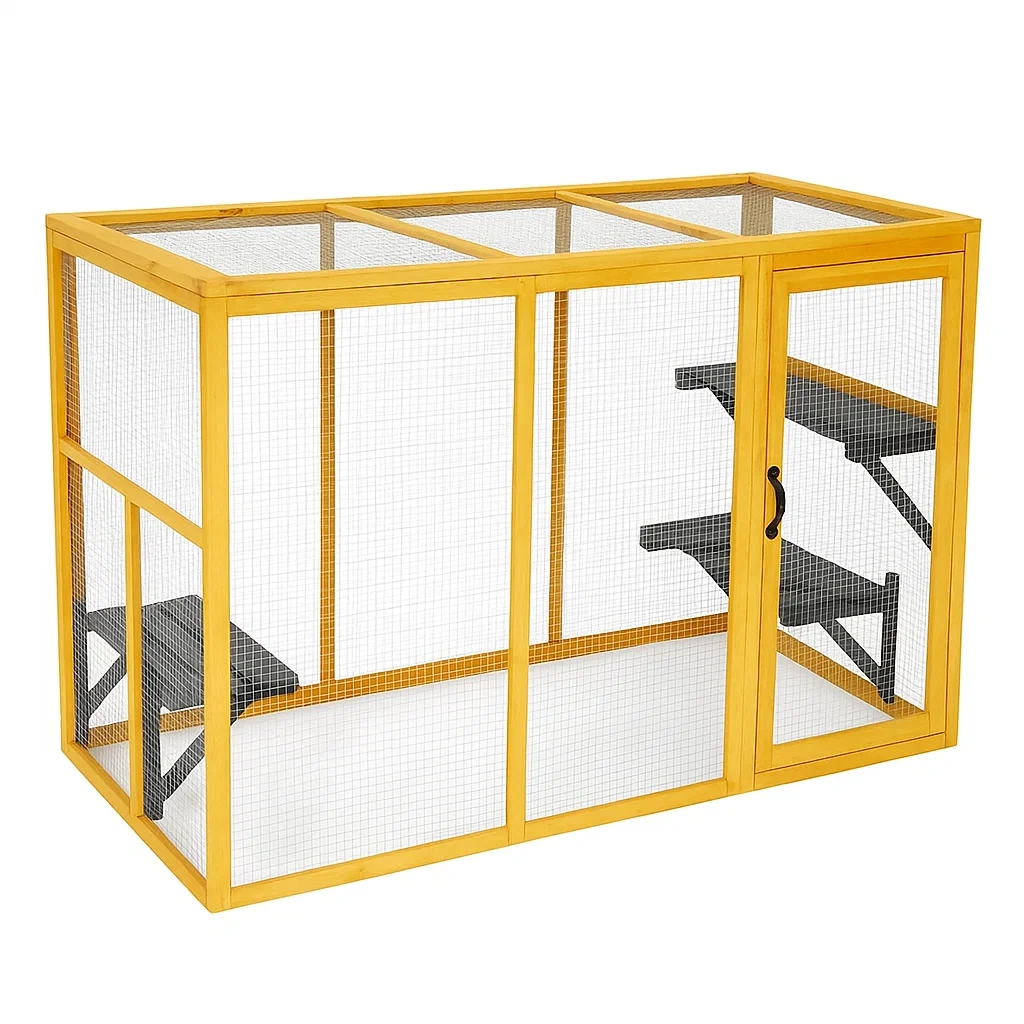 Enclos pour chat en bois et métal jaune 180x75x100 cm-LUXENOOKZ