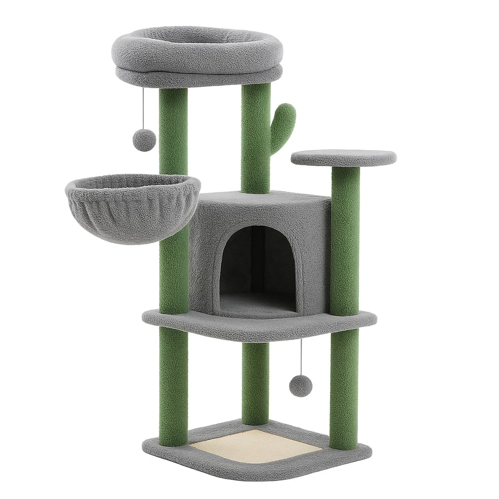 Arbre à chat multiniveaux gris/vert en peluche-LUXENOOKZ