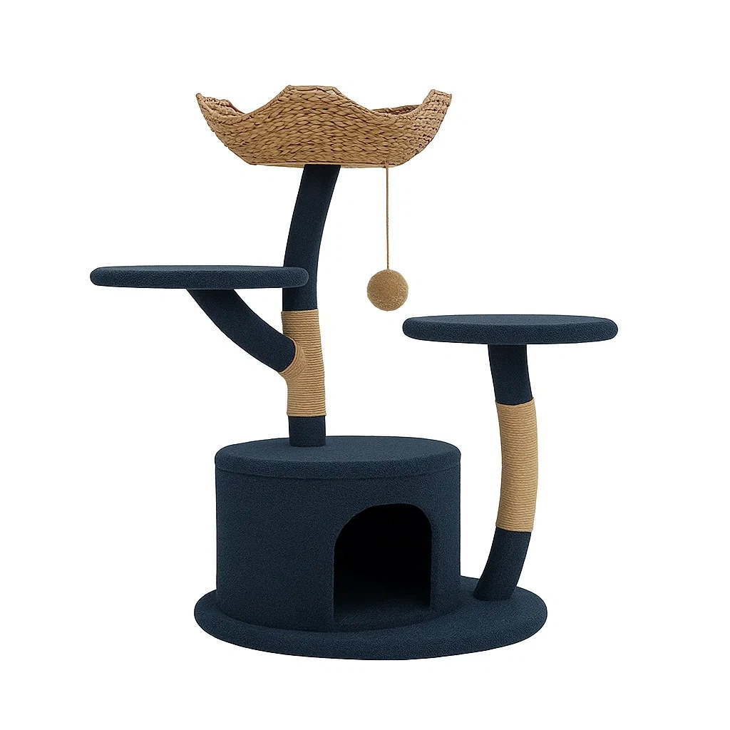 Arbre à chat en bois et sisal avec hamac en papier paille bleu marine-LUXENOOKZ