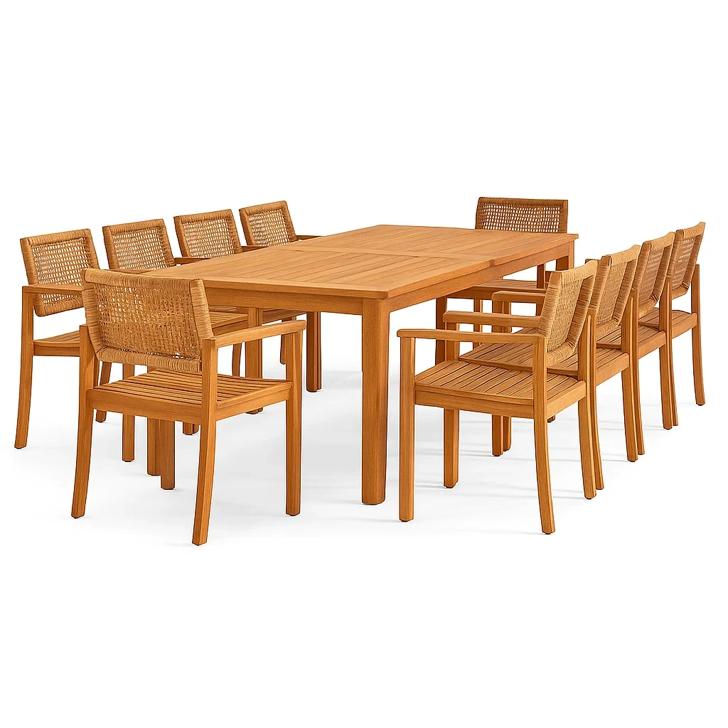 Ensemble table à manger et chaise extérieur en bois avec chaises en rotin 10 places-LUXENOOKZ