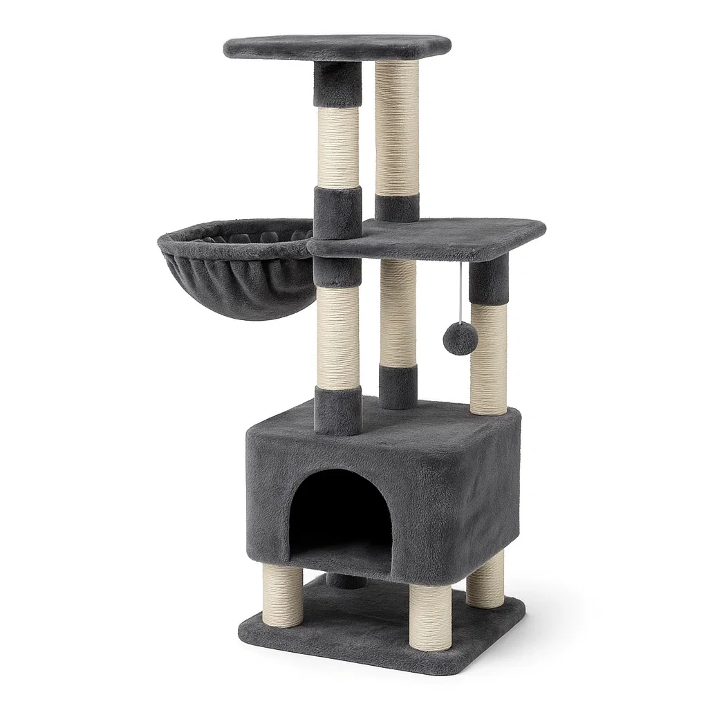 Arbre à chat en bois avec sisal et tissu en polyester gris,3 niveaux,50x35x105 cm-LUXENOOKZ