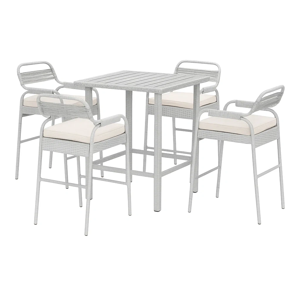 Ensemble table et chaise de bar en rotin synthétique gris avec coussins crème-LUXENOOKZ