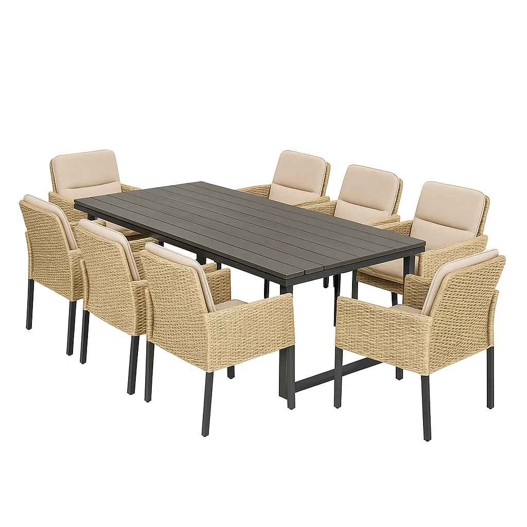 Ensemble table à manger et chaise extérieur aluminium et résine 8 places beige/gris-LUXENOOKZ