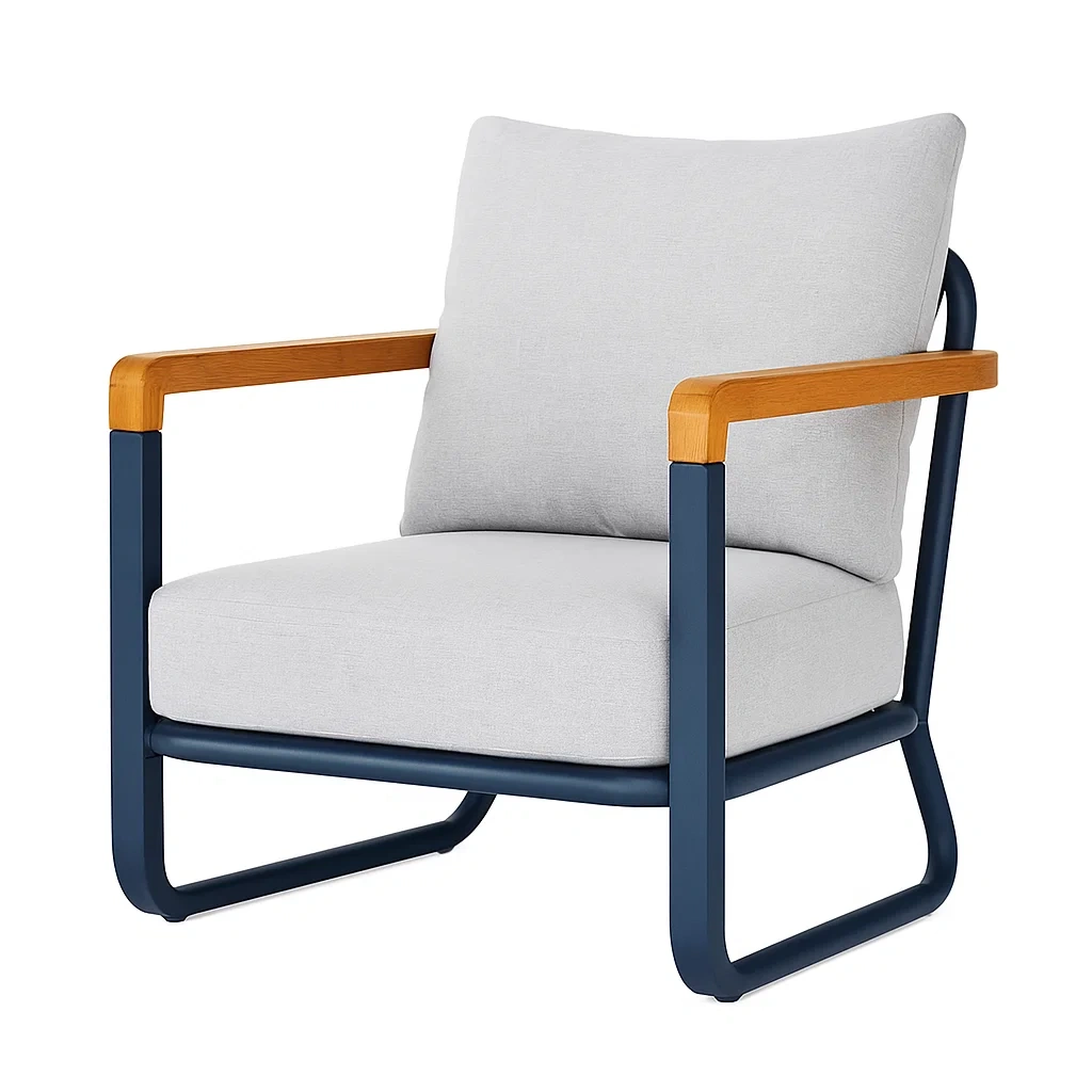 Fauteuil de détente en métal et polyester beige avec accoudoirs en bois-LUXENOOKZ