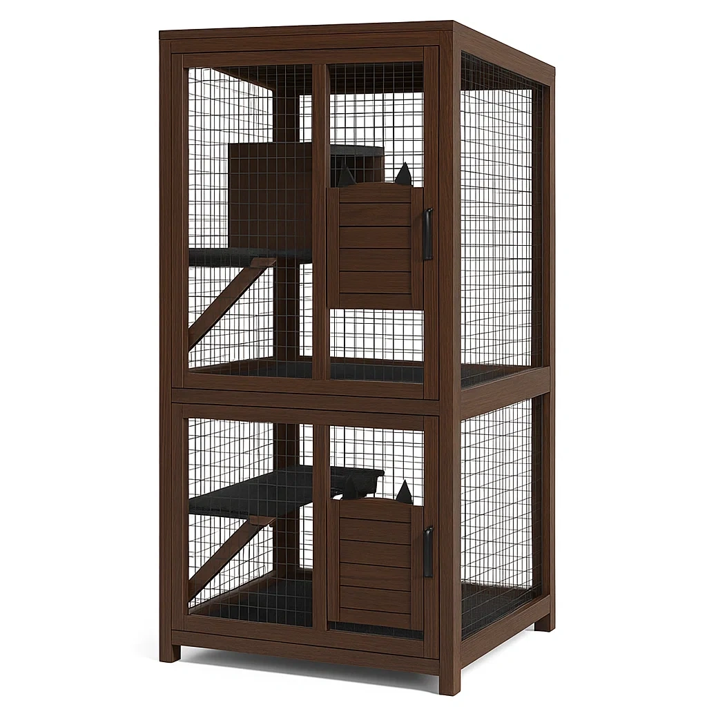 Enclos pour chat en bois et métal avec deux niveaux,extérieur-LUXENOOKZ