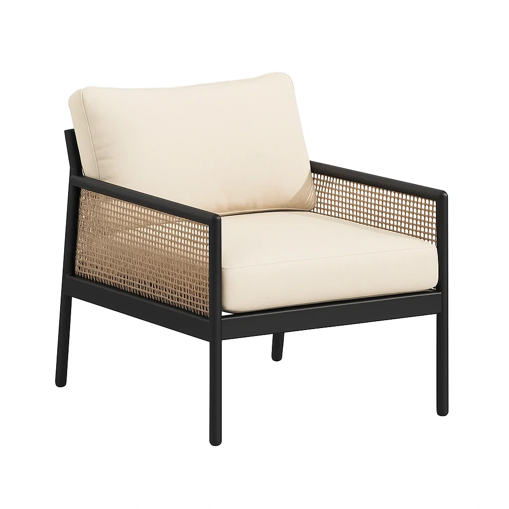 Fauteuil de détente en aluminium et osier synthétique avec coussins en tissu textilène-LUXENOOKZ