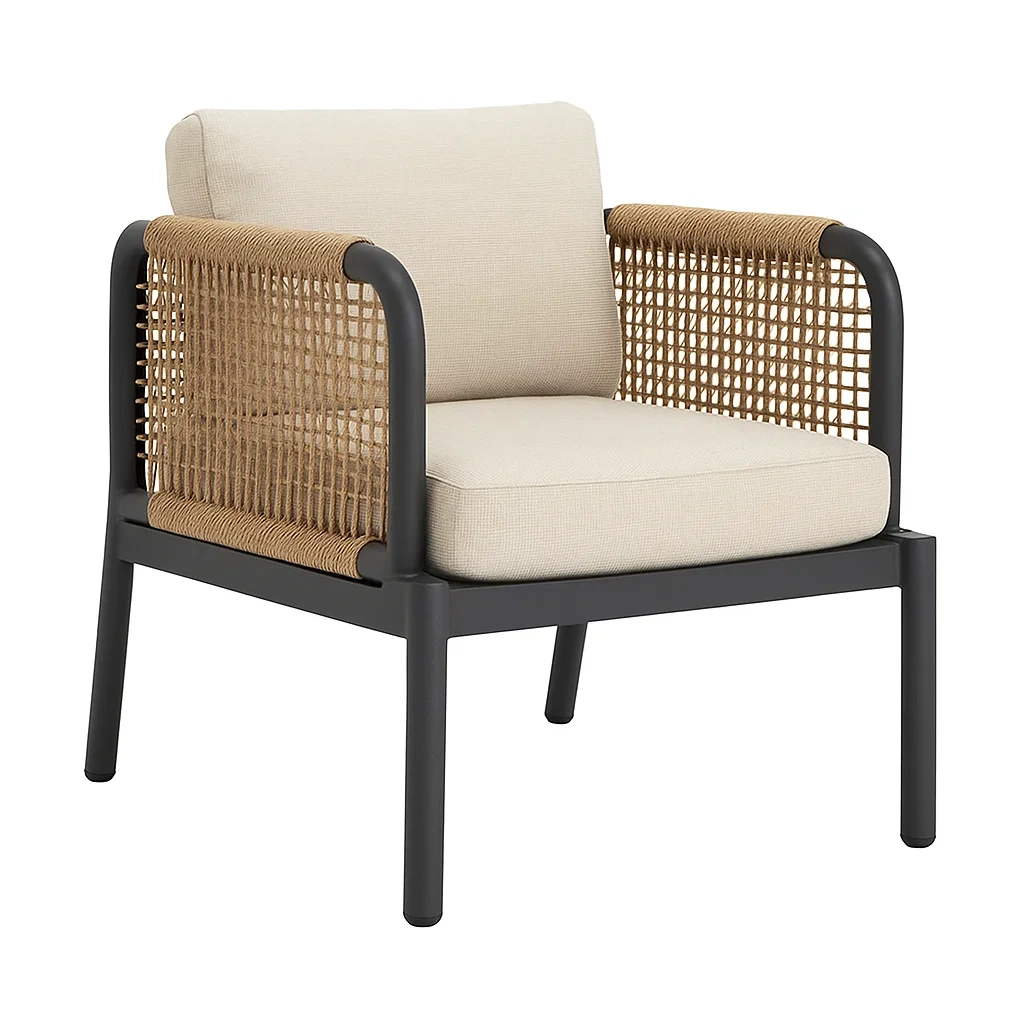 Fauteuil de détente en aluminium et corde avec coussins en polyester beige/noir-LUXENOOKZ