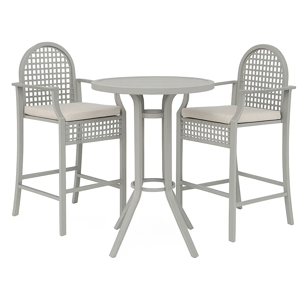 Ensemble table et chaise de bar haute ronde avec deux chaises en métal et tissu beige-LUXENOOKZ