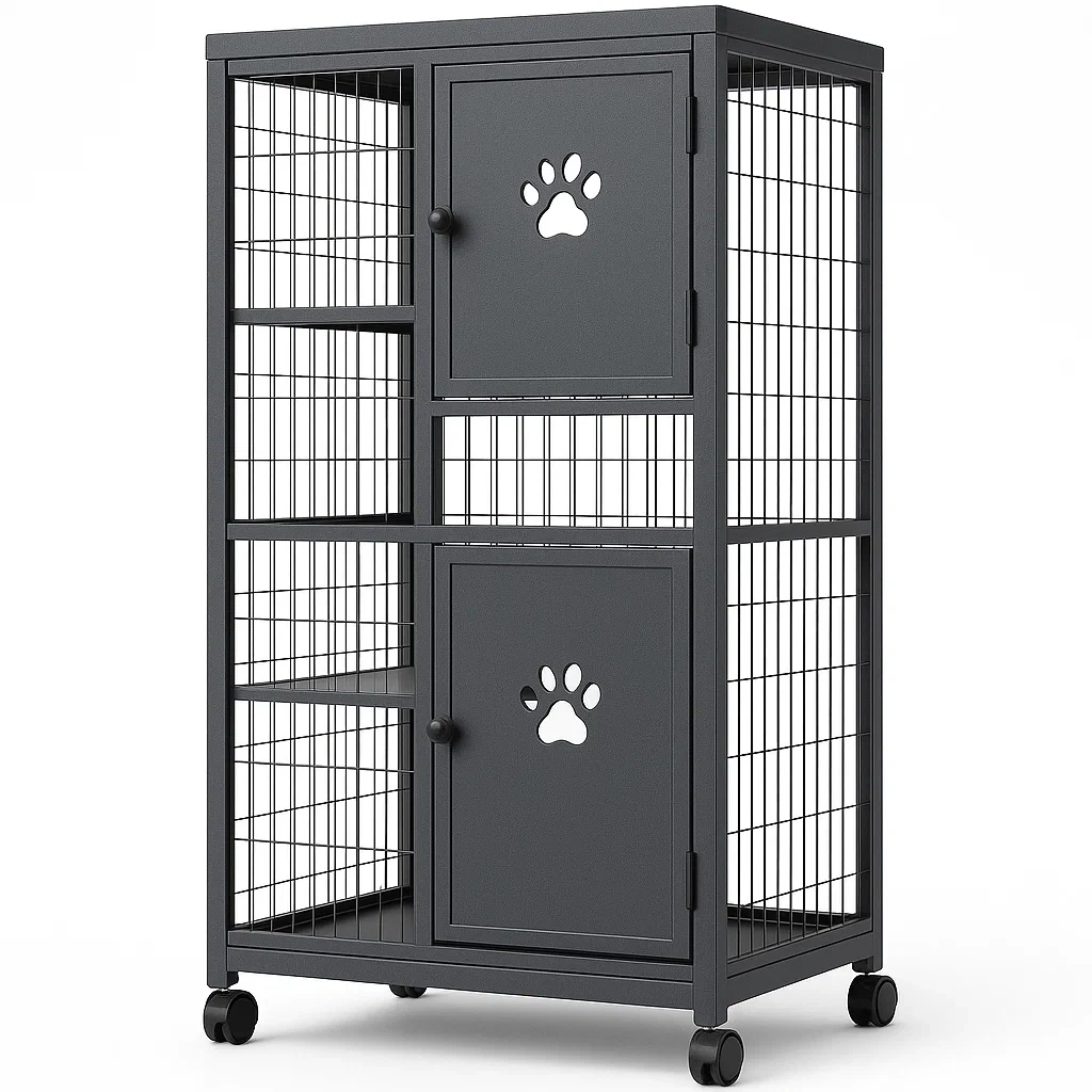 Enclos pour chat en métal avec roulettes gris-LUXENOOKZ