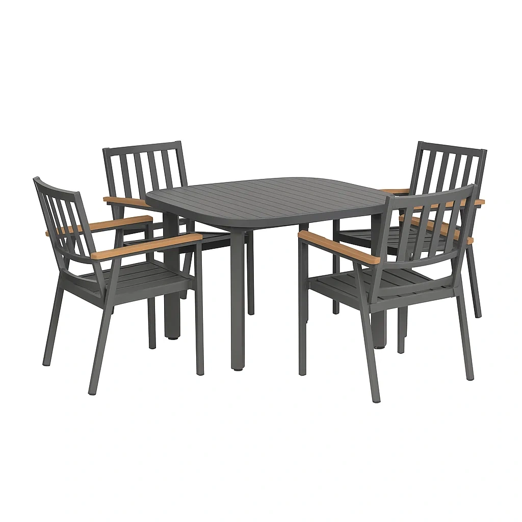 Ensemble table à manger et chaise de jardin en métal et bois avec 4 chaises gris-LUXENOOKZ