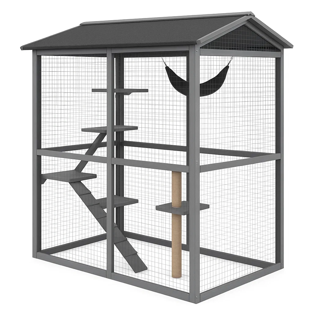 Enclos pour chat en bois et métal avec plateforme et hamac gris 150x75x120 cm-LUXENOOKZ