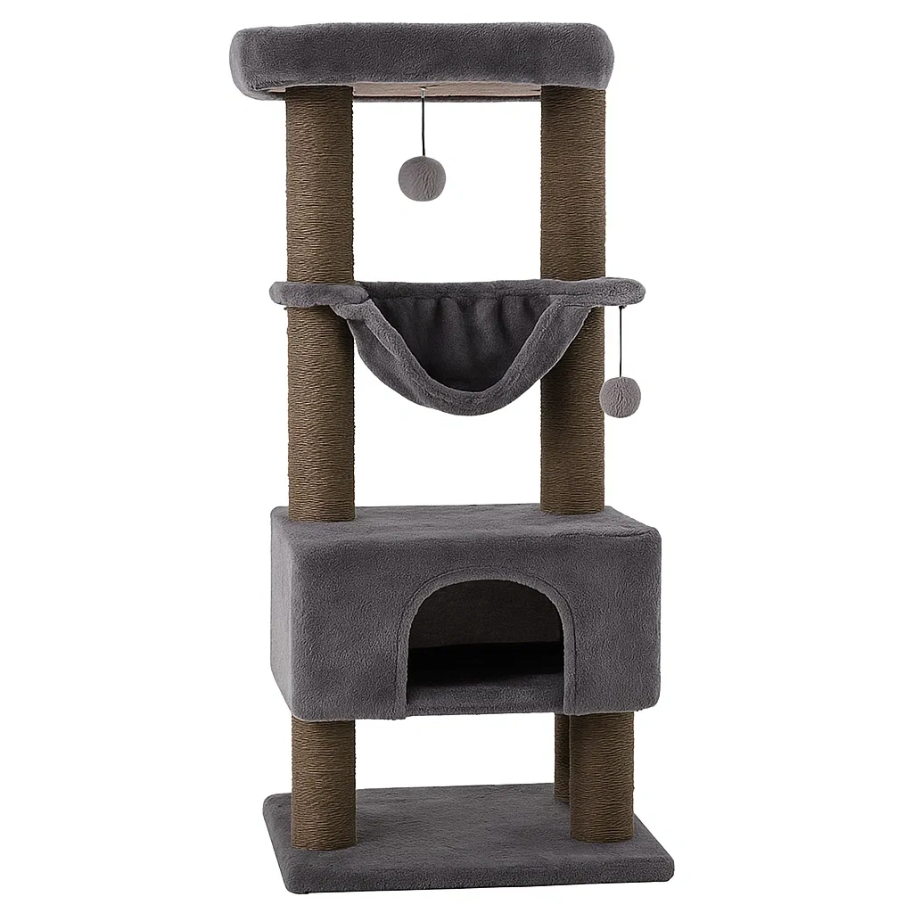 Arbre à chat en peluche et sisal avec hamac et balles - 138 cm gris-LUXENOOKZ