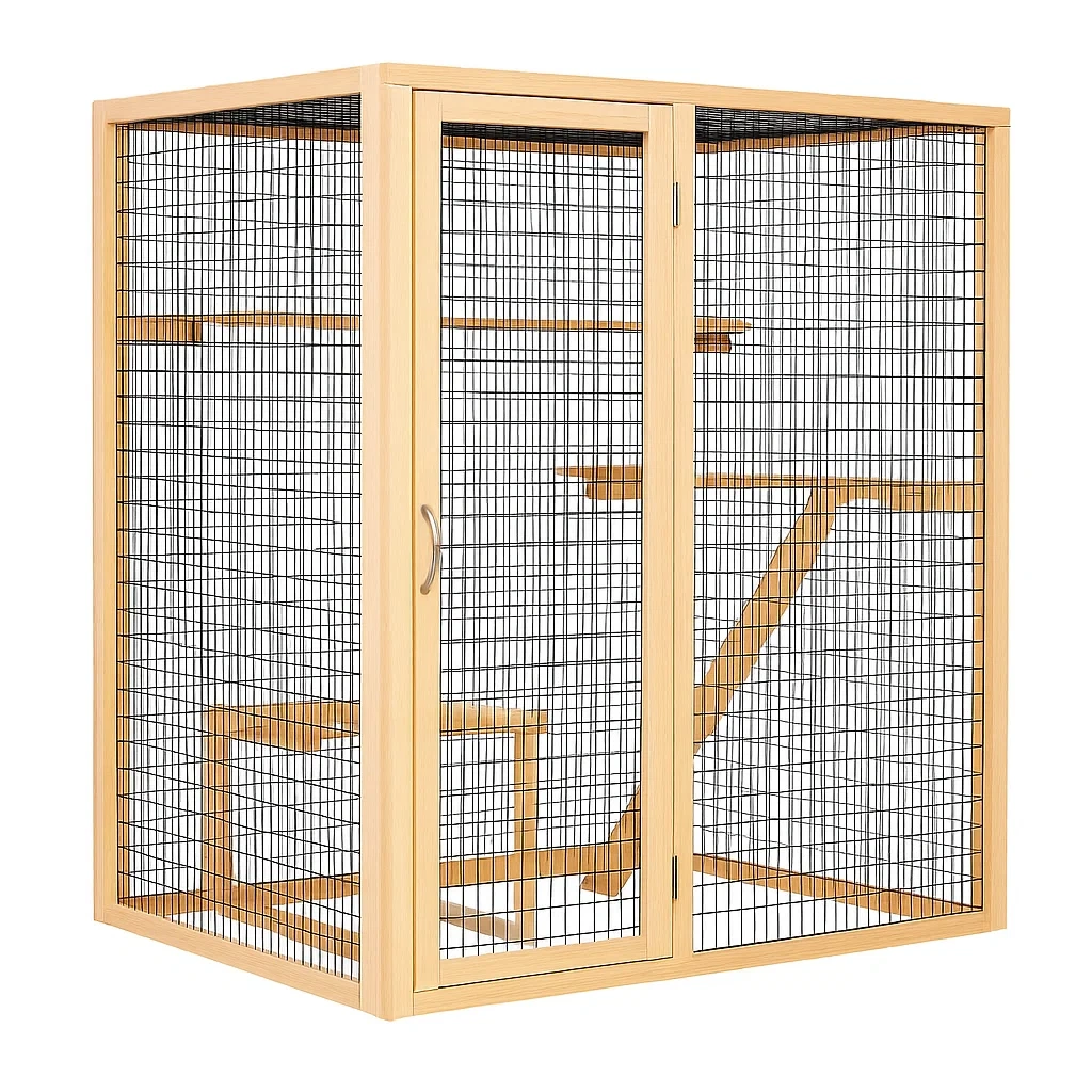 Enclos pour chat en bois et fil métallique 150x100x170 cm naturel-LUXENOOKZ