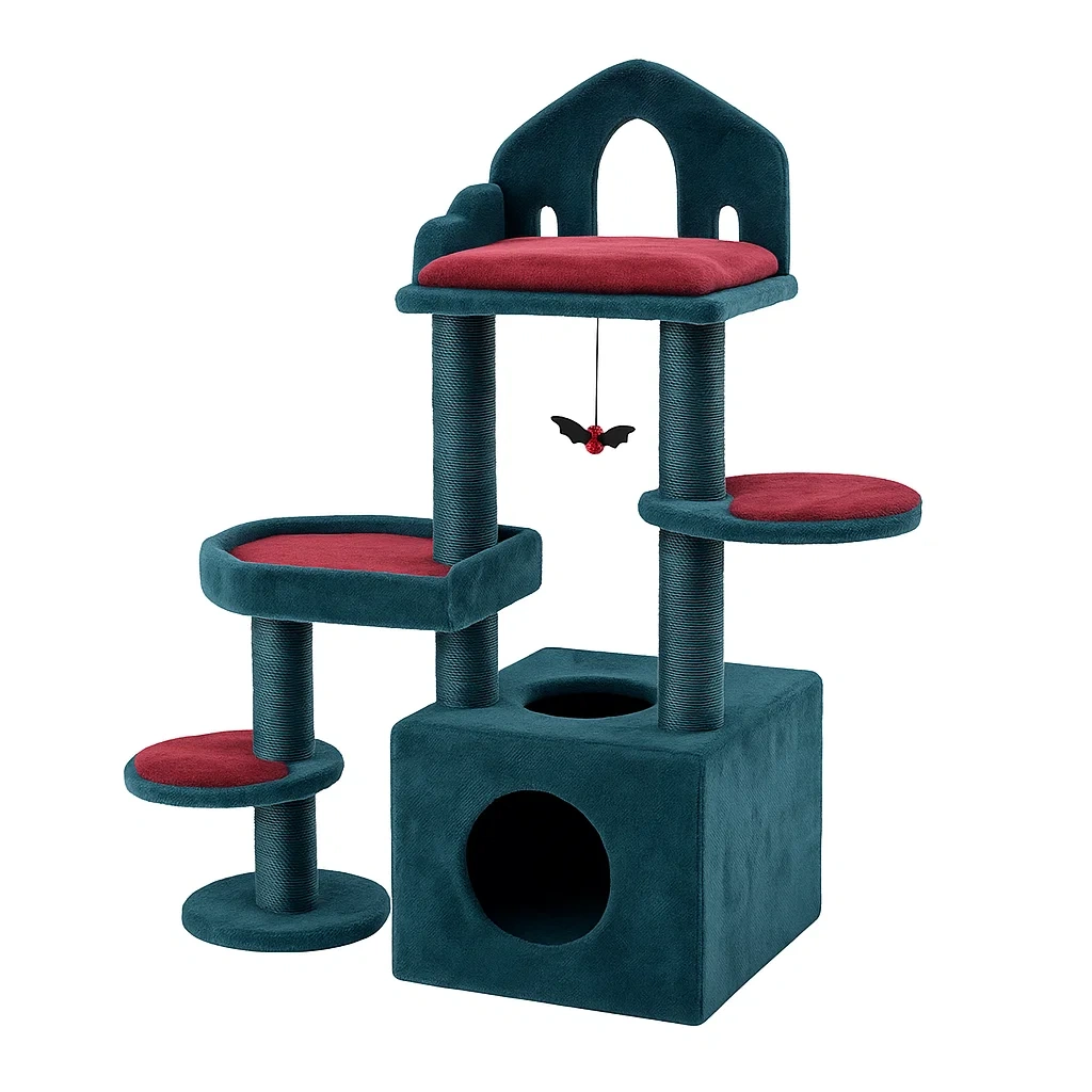 Arbre à chat en velours avec plateformes et sisal bleu/rouge 140 cm-LUXENOOKZ