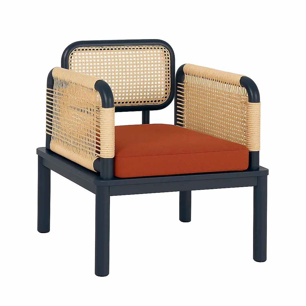 Fauteuil de détente en bois et rotin avec coussin en tissu orange-LUXENOOKZ