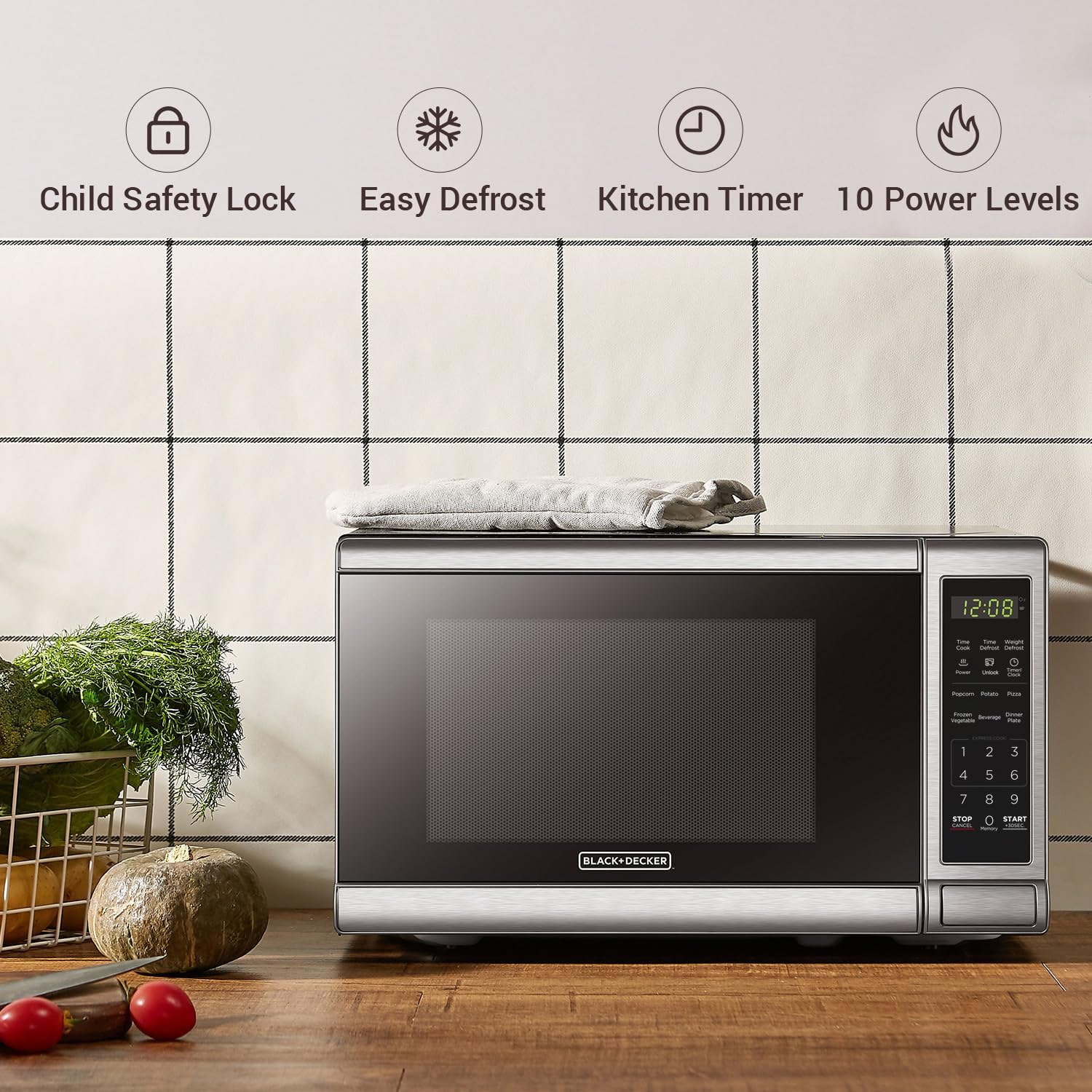 BLACK+DECKER EM720CB7 - Horno de microondas digital con puerta giratoria con botón pulsador, cerradura de seguridad infantil, 700 W, acero inoxidable, 0.7 pies cúbicos