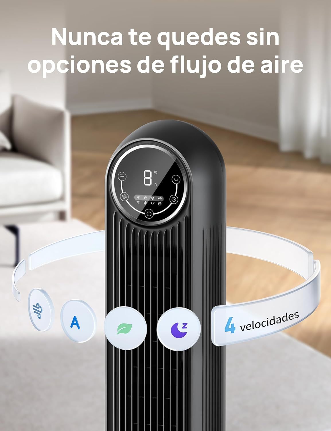 DREO Ventilador de Torre 92cm, 7,6m/s Ventilador Silencioso Habitación, Oscilación 90° Ventilador Portatil con 4 Velocidades y 4 Modos, Temporizador 8H, para Hogar y Oficina, Negro