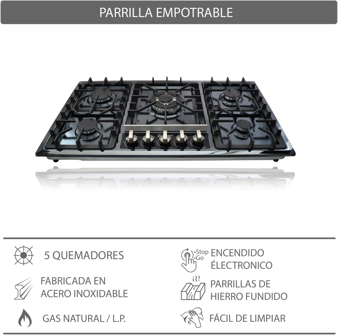 SUPRA Parrilla a Gas de 5 Quemadores Empotrable - 87 cm, Modelo 5Q-EB-87