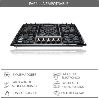 SUPRA Parrilla a Gas de 5 Quemadores Empotrable - 87 cm, Modelo 5Q-EB-87