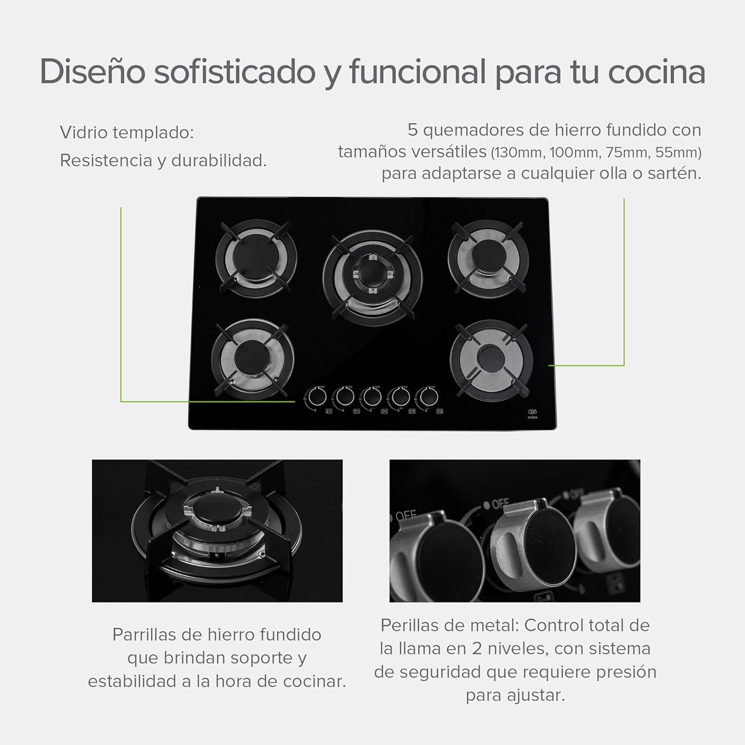 AVERA Parrilla de Gas Premium de 5 Quemadores, Vidrio Templado Negro 77cm (Incluye accesorios) Empotrable, Encendido Electronico, Perillas Metalicas, Estufa Empotrable, para Gas LP y Natural, VT5