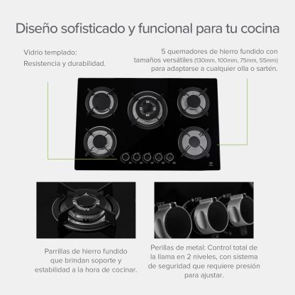 AVERA Parrilla de Gas Premium de 5 Quemadores, Vidrio Templado Negro 77cm (Incluye accesorios) Empotrable, Encendido Electronico, Perillas Metalicas, Estufa Empotrable, para Gas LP y Natural, VT5