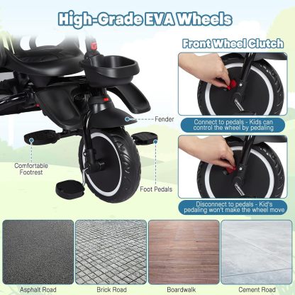Babevy - Triciclo para bebé, 7 en 1, Plegable con Mango de Empuje Ajustable extraíble, toldo, Asiento Giratorio, arnés de Seguridad, portavasos y Almacenamiento, Triciclo para niños de 1 a 5 años