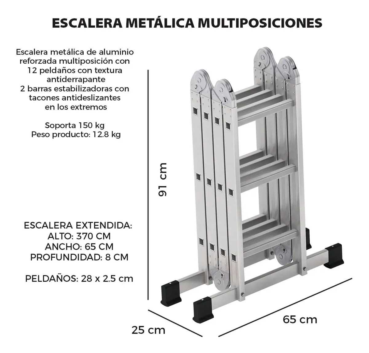Escalera Plegable Metálica Multiposiciones 12 Peldaños 3.7m