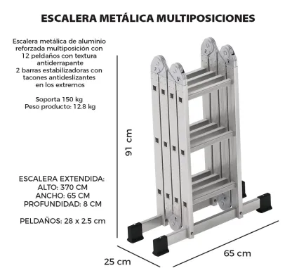 Escalera Plegable Metálica Multiposiciones 12 Peldaños 3.7m