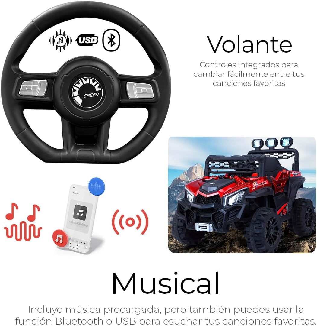 Raganet, Buggy Electrico Montable para Niños, Carrito de Control Remoto y Manejo Directo, Coche Electrico con Luces, Estereo y Pedales Funcionales, Medidas: Alto 76cm X Ancho 68cm X Largo 109cm