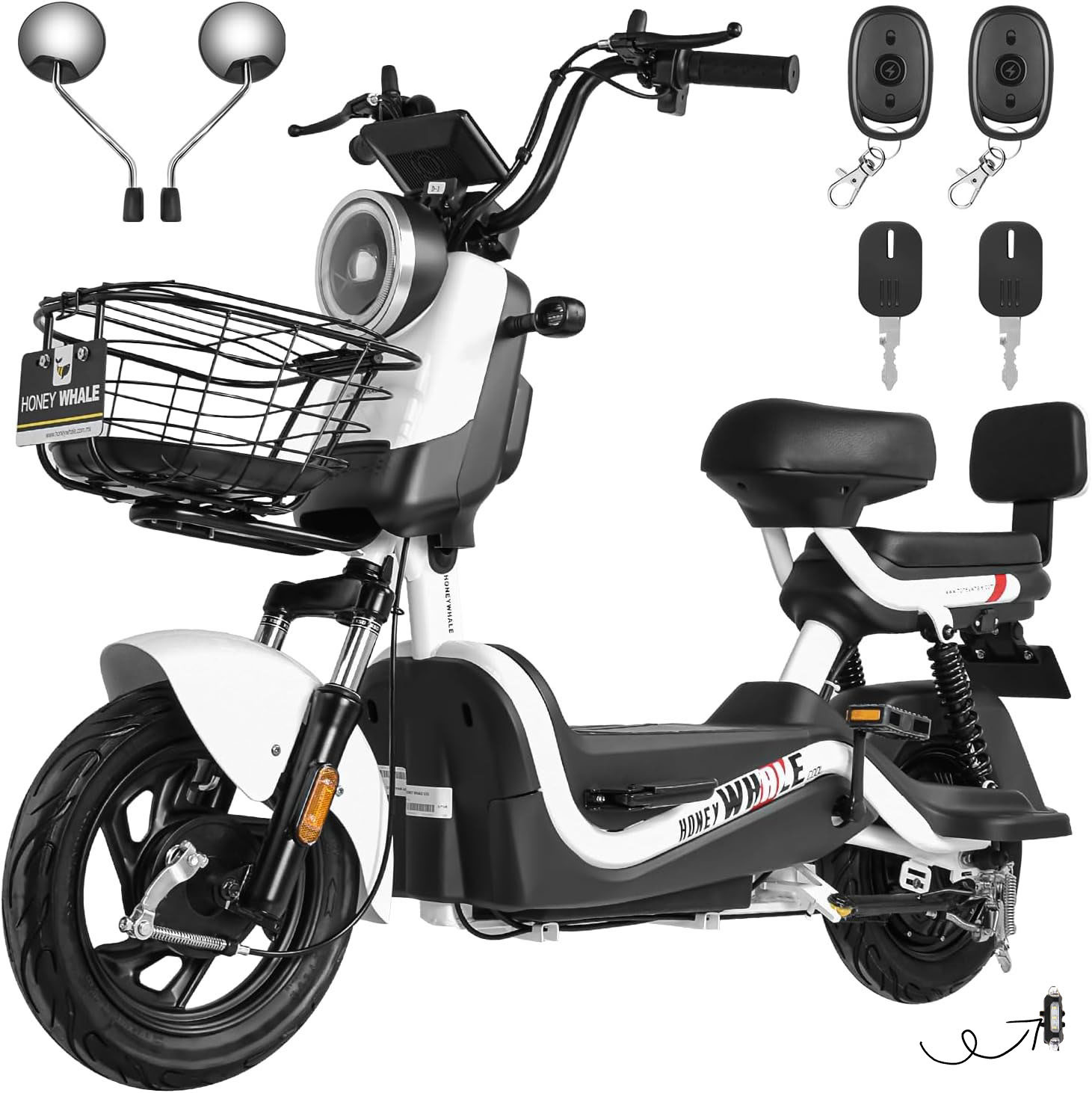 HONEYWHALE U3s Bicicleta eléctrica para adultos, bicicleta eléctrica con alarma, motor máximo 650W, velocidad máxima 31KM/H, autónoma 55-60KM, batería de gran capacidad 20AH, dos asientos----luces de coche