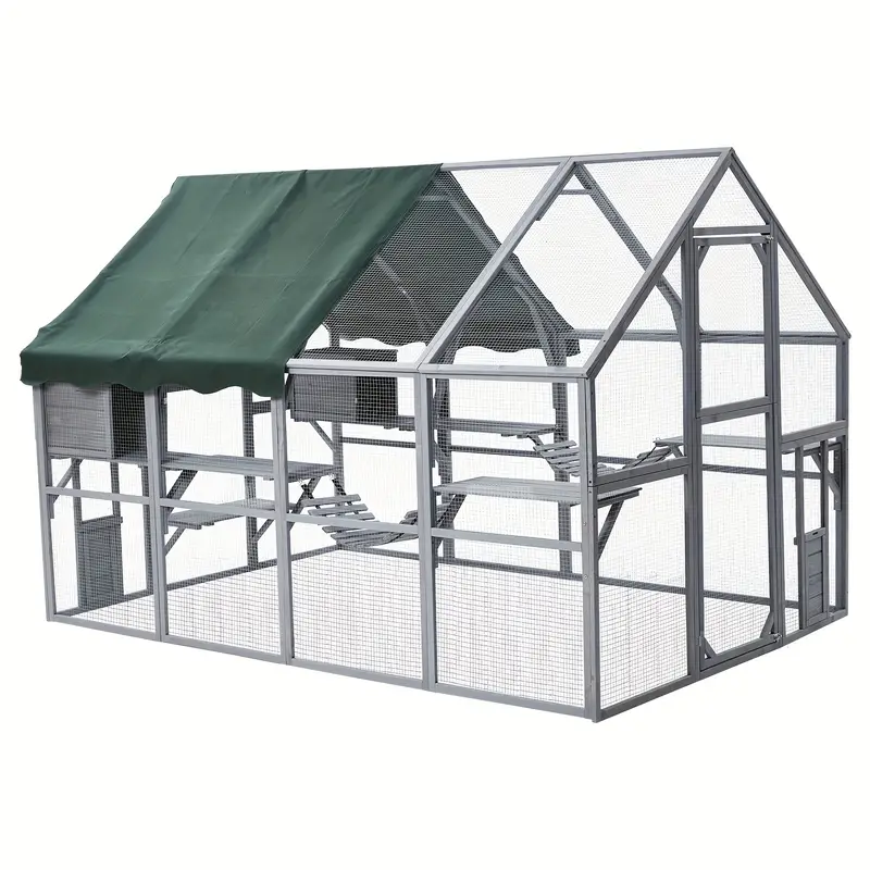 Gallinero de 110" para gatos, recinto grande para gatos, jaula de madera para gatos, conejera para conejos, casa para gatitos al aire libre con puentes, paseos, casitas, cubierta de techo.