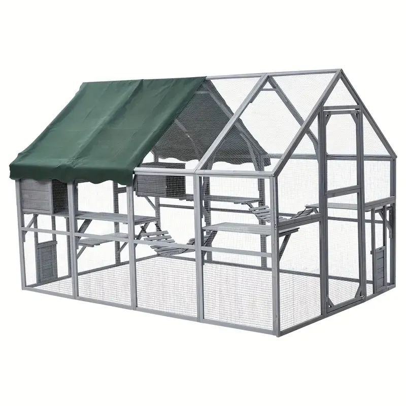 Gallinero de 110" para gatos, recinto grande para gatos, jaula de madera para gatos, conejera para conejos, casa para gatitos al aire libre con puentes, paseos, casitas, cubierta de techo.