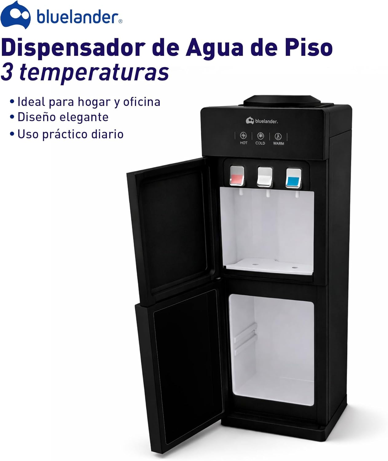 Bluelander Dispensador de Agua Garrafón 28 * 26 * 89 cm, 3 Ajustes de Temperatura (Fría, Caliente, Tibia), Despachador de Agua con Grifos Metálicos, Gabinete de Almacenamiento (Negro)