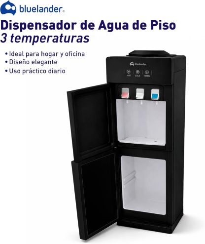 Bluelander Dispensador de Agua Garrafón 28 * 26 * 89 cm, 3 Ajustes de Temperatura (Fría, Caliente, Tibia), Despachador de Agua con Grifos Metálicos, Gabinete de Almacenamiento (Negro)