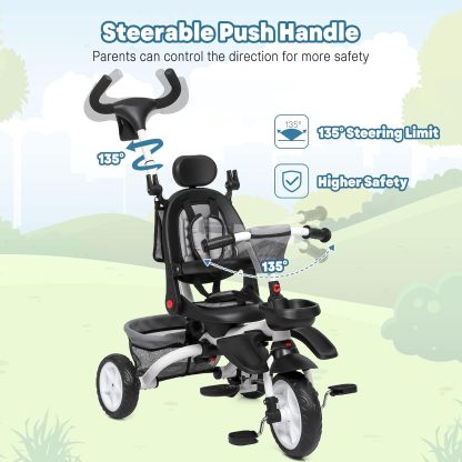 Babevy - Triciclo para bebé, 7 en 1, Plegable con Mango de Empuje Ajustable extraíble, toldo, Asiento Giratorio, arnés de Seguridad, portavasos y Almacenamiento, Triciclo para niños de 1 a 5 años