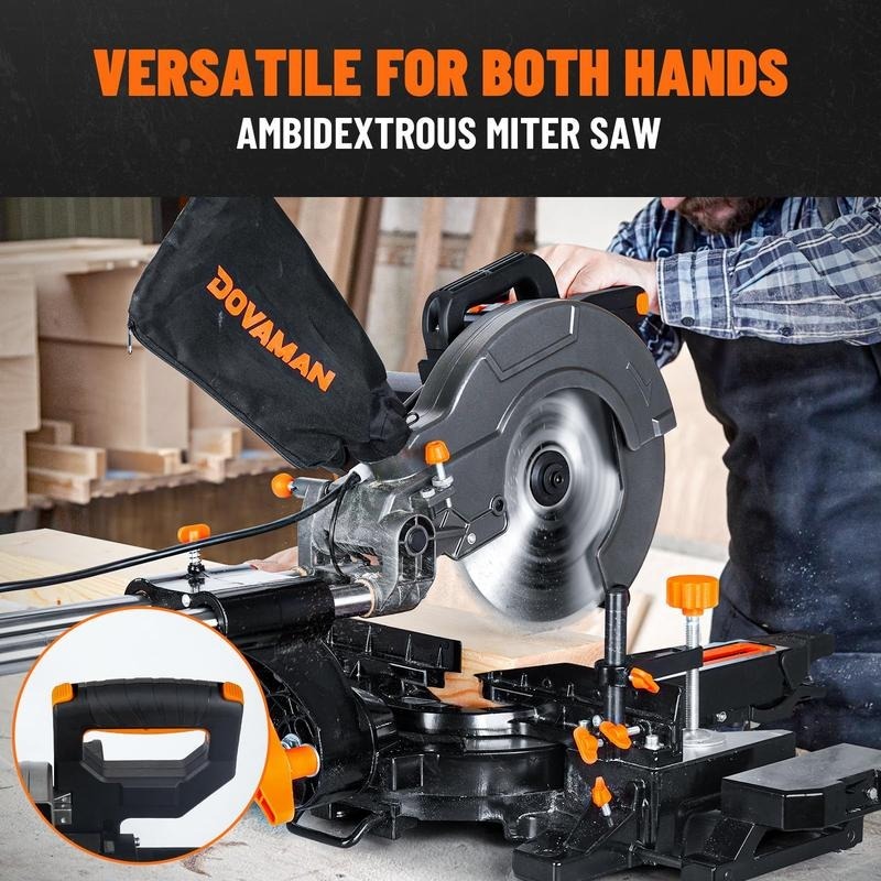 Sierra ingletadora deslizante de bisel simple DOVAMAN de 10 pulgadas y 15 A, con 3 hojas, 4500/3200 RPM, capacidad de corte máxima de 3,5 x 13,4 pulgadas, 9 topes de posición fija para madera, PVC o metales blandos.