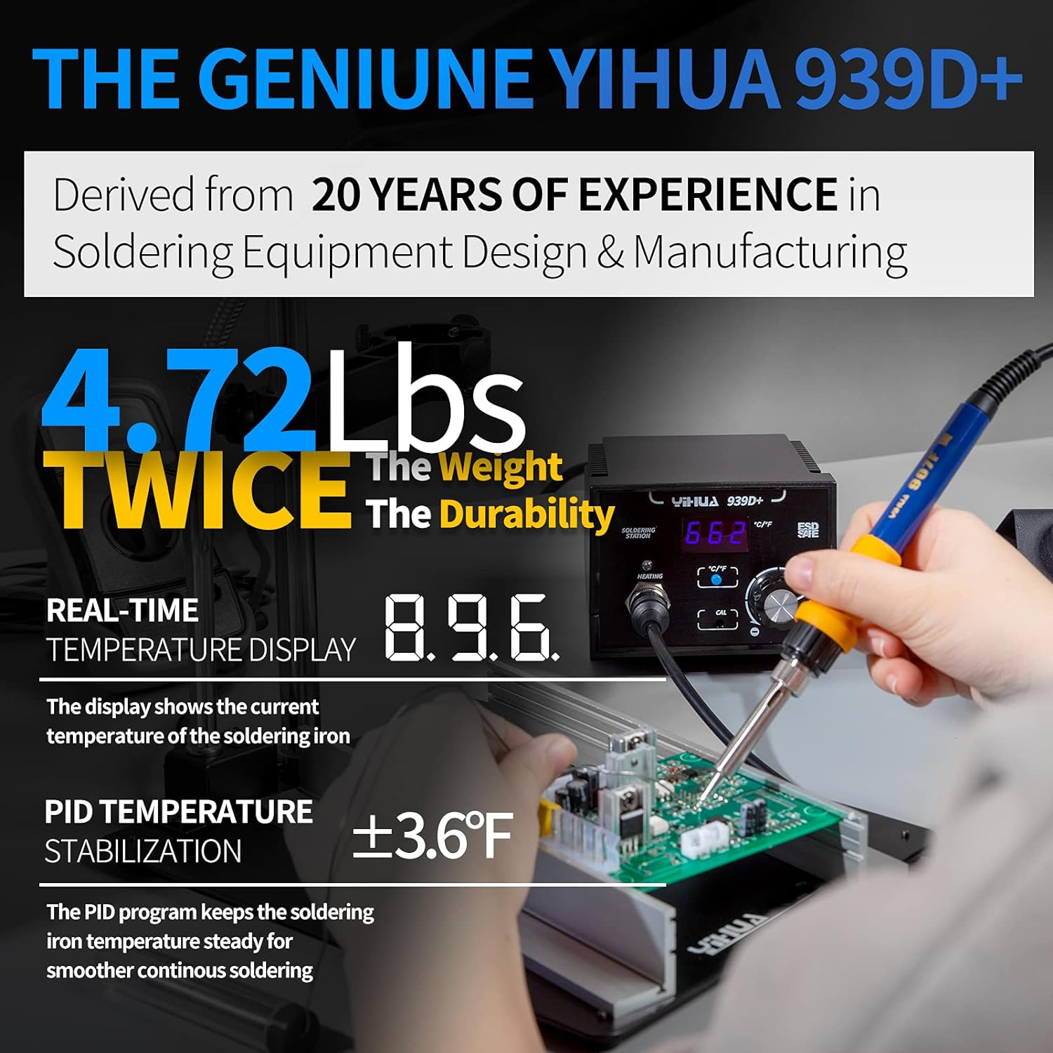 YIHUA 939D+ III EVO Kit de estación de soldador digital de 110 W de alta potencia con visualización LCD, 4 canales de memoria, modo de suspensión, calibración digital, cable de soldadura, manos