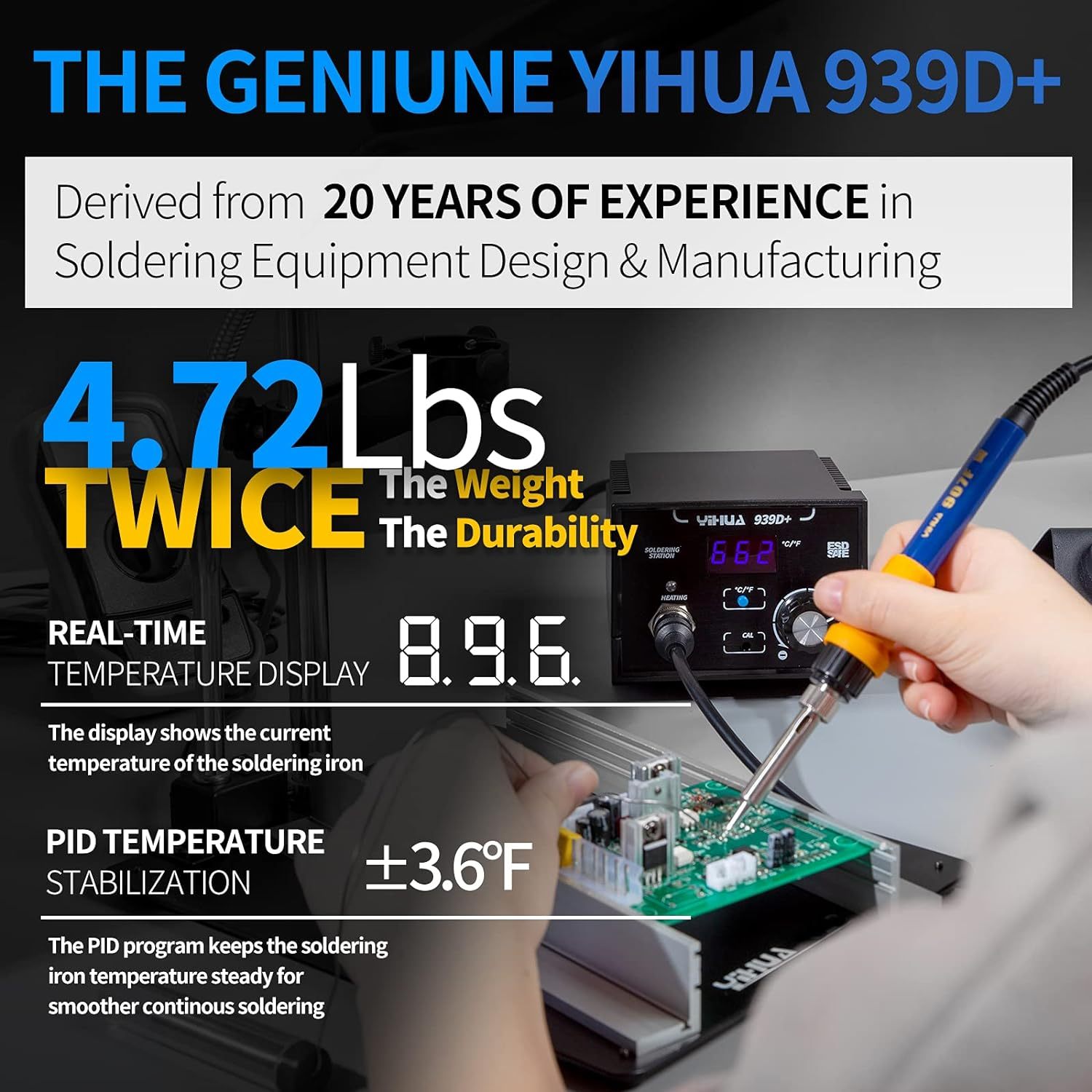 YIHUA 939D+ III EVO Kit de estación de soldador digital de 110 W de alta potencia con visualización LCD, 4 canales de memoria, modo de suspensión, calibración digital, cable de soldadura, manos