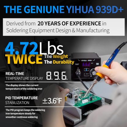 YIHUA 939D+ III EVO Kit de estación de soldador digital de 110 W de alta potencia con visualización LCD, 4 canales de memoria, modo de suspensión, calibración digital, cable de soldadura, manos