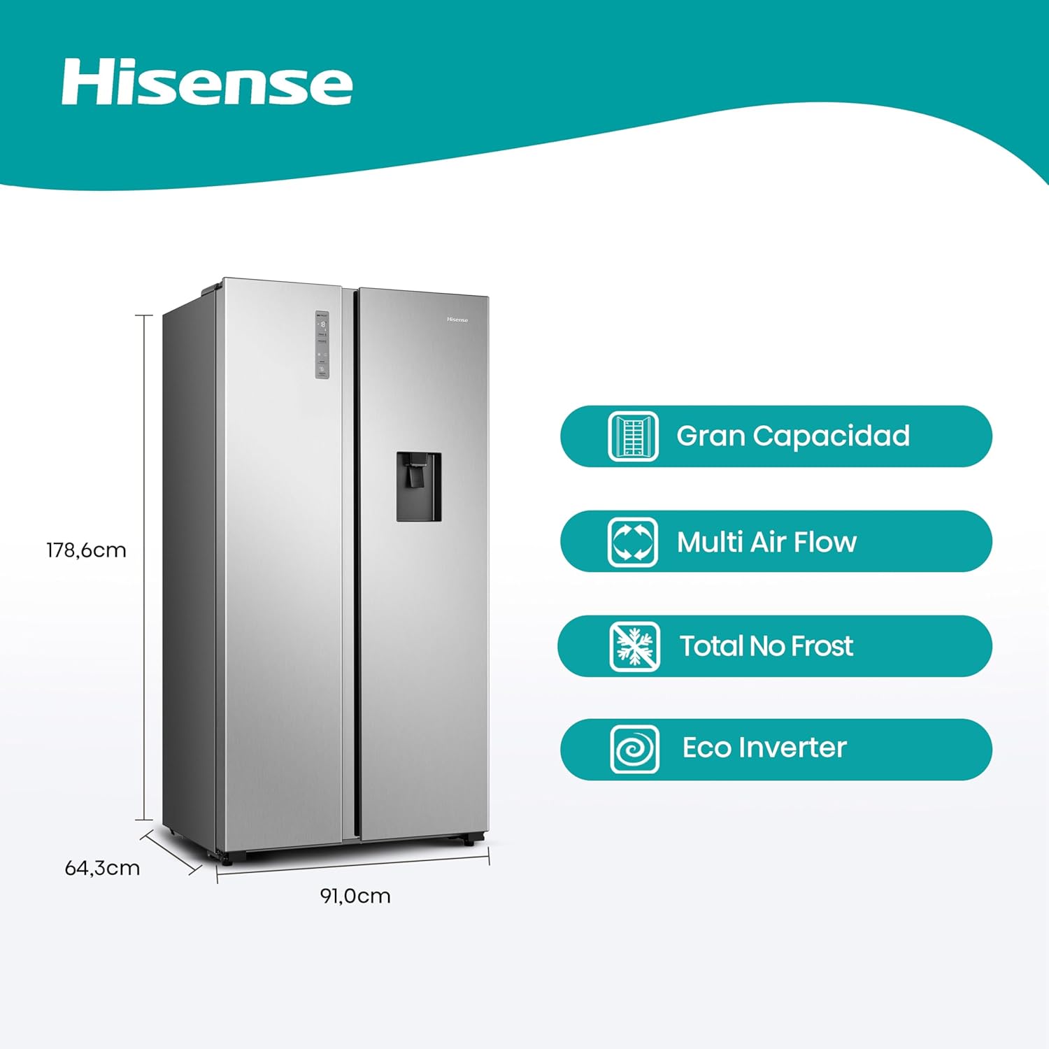 Hisense RS19N6WCX-Refrigerador Side by Side, 19 pies cúbicos con Dispensador de Agua, Control digital táctil, Total No Frost, Eco Inverter, 91x64x179cm(AnchoxLargoxAlto), Gris