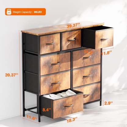 Yanming Cómoda de Tela con 9 cajones, Estructura de Acero y Tapa de Madera para Dormitorio, Armario, Entrada