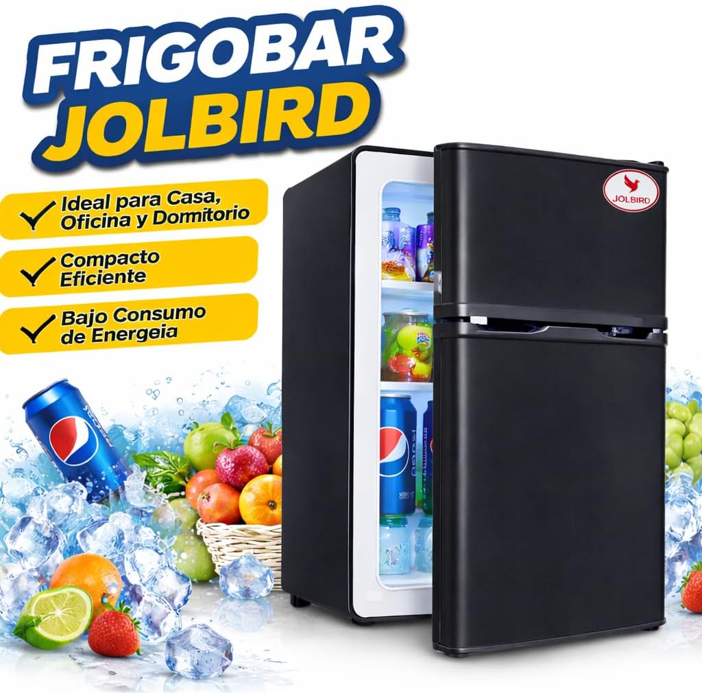 JOLBIRD Frigobar Minibar 80L con Congelador Compacto Silencioso Temperatura Ajustable Bajo Consumo 110V Ideal para Oficina Recámara Hotel y Negocio Enfriador de Bebidas y Alimentos (Negro)