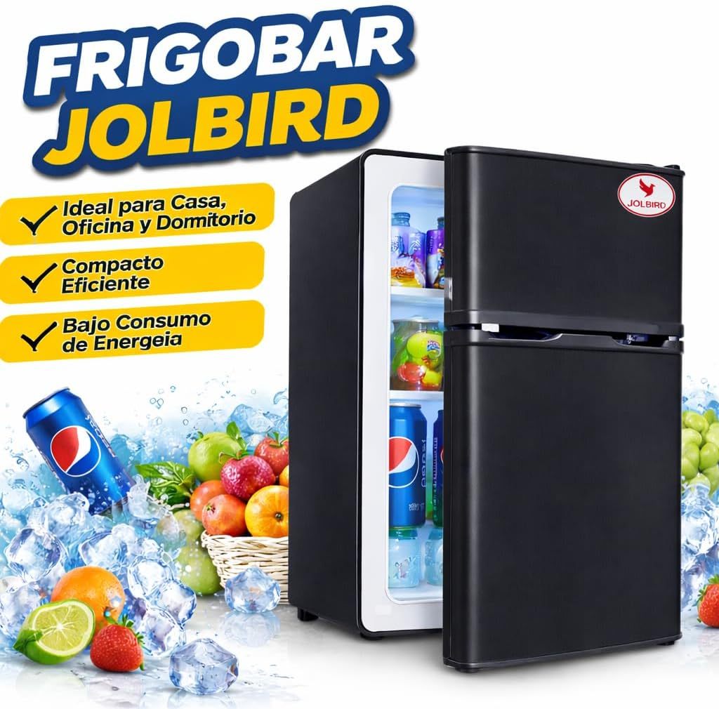 JOLBIRD Frigobar Minibar 80L con Congelador Compacto Silencioso Temperatura Ajustable Bajo Consumo 110V Ideal para Oficina Recámara Hotel y Negocio Enfriador de Bebidas y Alimentos (Negro)