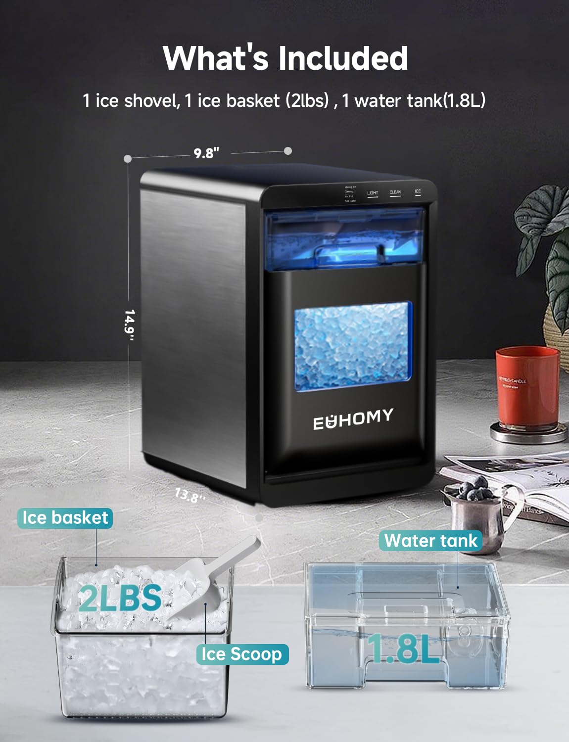 EUHOMY Nugget - Encimera para hacer hielo, máquina para hacer hielo de guijarros de 40 libras/24 horas, encimera autolimpiable, máquinas de hielo sónico con cuchara de hielo y cesta, máquina para