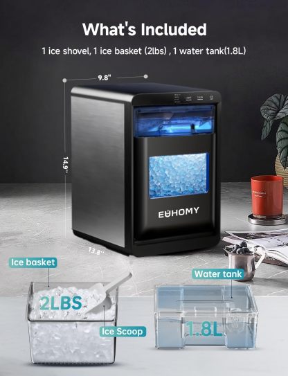 EUHOMY Nugget - Encimera para hacer hielo, máquina para hacer hielo de guijarros de 40 libras/24 horas, encimera autolimpiable, máquinas de hielo sónico con cuchara de hielo y cesta, máquina para