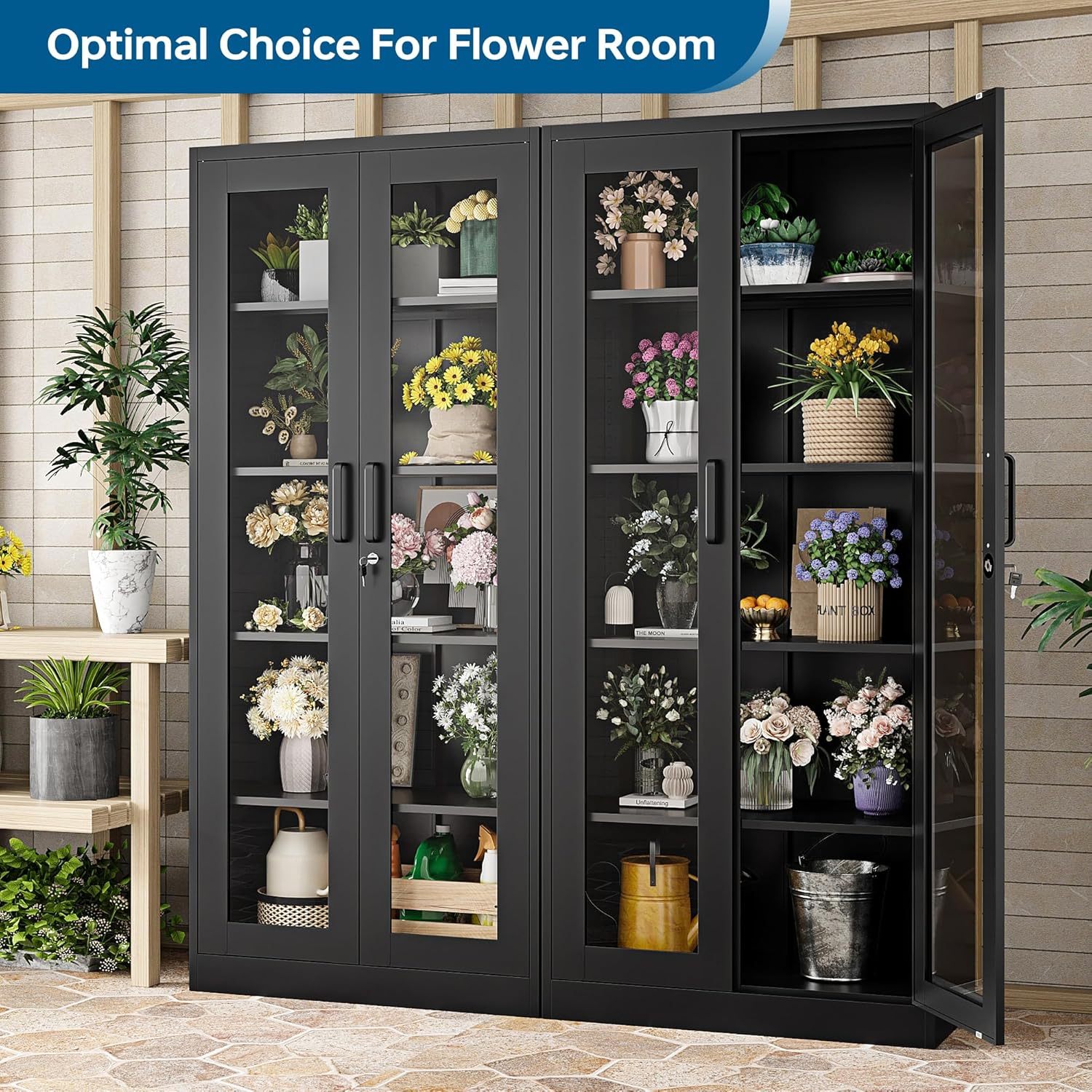 PEUKC - Vitrina con puertas de vidrio, vitrinas con 4 estantes ajustables y cerradura para el hogar, la oficina, la clínica, la despensa, requiere ensamblaje, negro, color madera