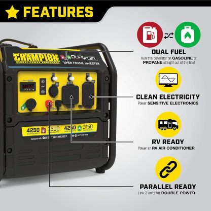 Champion Power Equipment 4250 W Dual Fuel RV Ready Portable Open Frame Inverter Generador con tecnología silenciosa