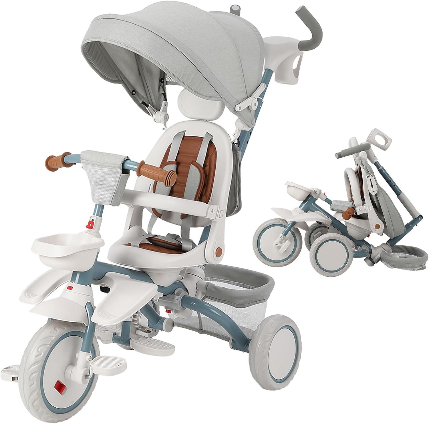 Babevy - Triciclo para bebé, 7 en 1, Plegable con Mango de Empuje Ajustable extraíble, toldo, Asiento Giratorio, arnés de Seguridad, portavasos y Almacenamiento, Triciclo para niños de 1 a 5 años